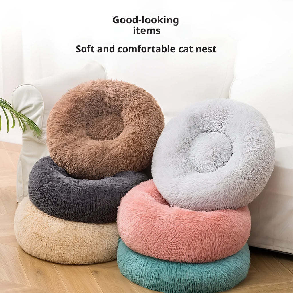 Plush fabric pet bed in round shape for dogs and cats multiple sizes and colours
