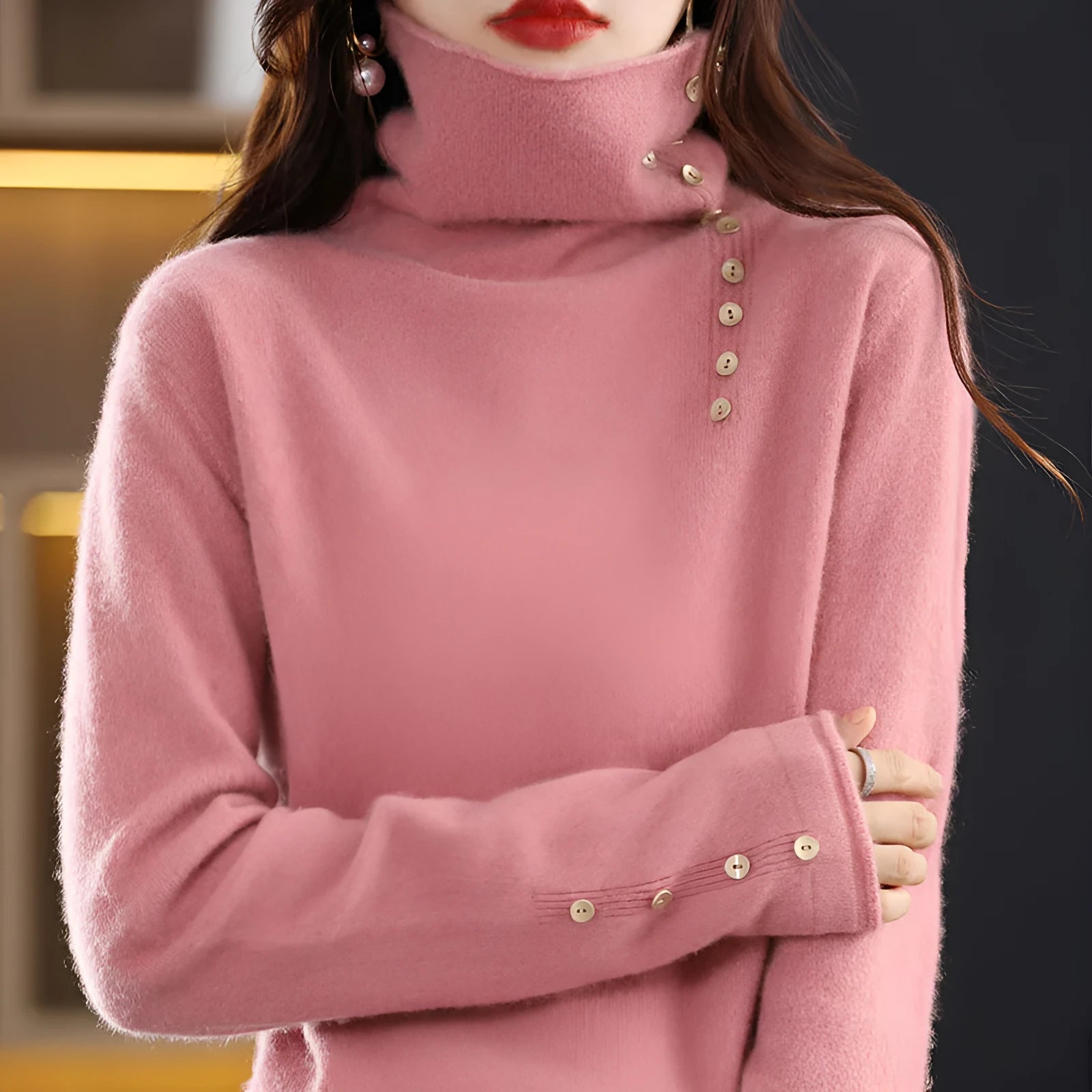 Slim fit knitted pullover shirt in core-spun yarn, shown in a short 40cm length with a 3D textured pattern.
