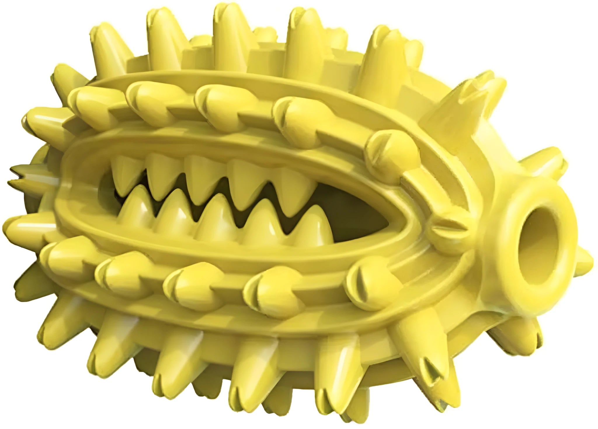 Green cactus-shaped rubber dog chew toy for dental care on a white background.