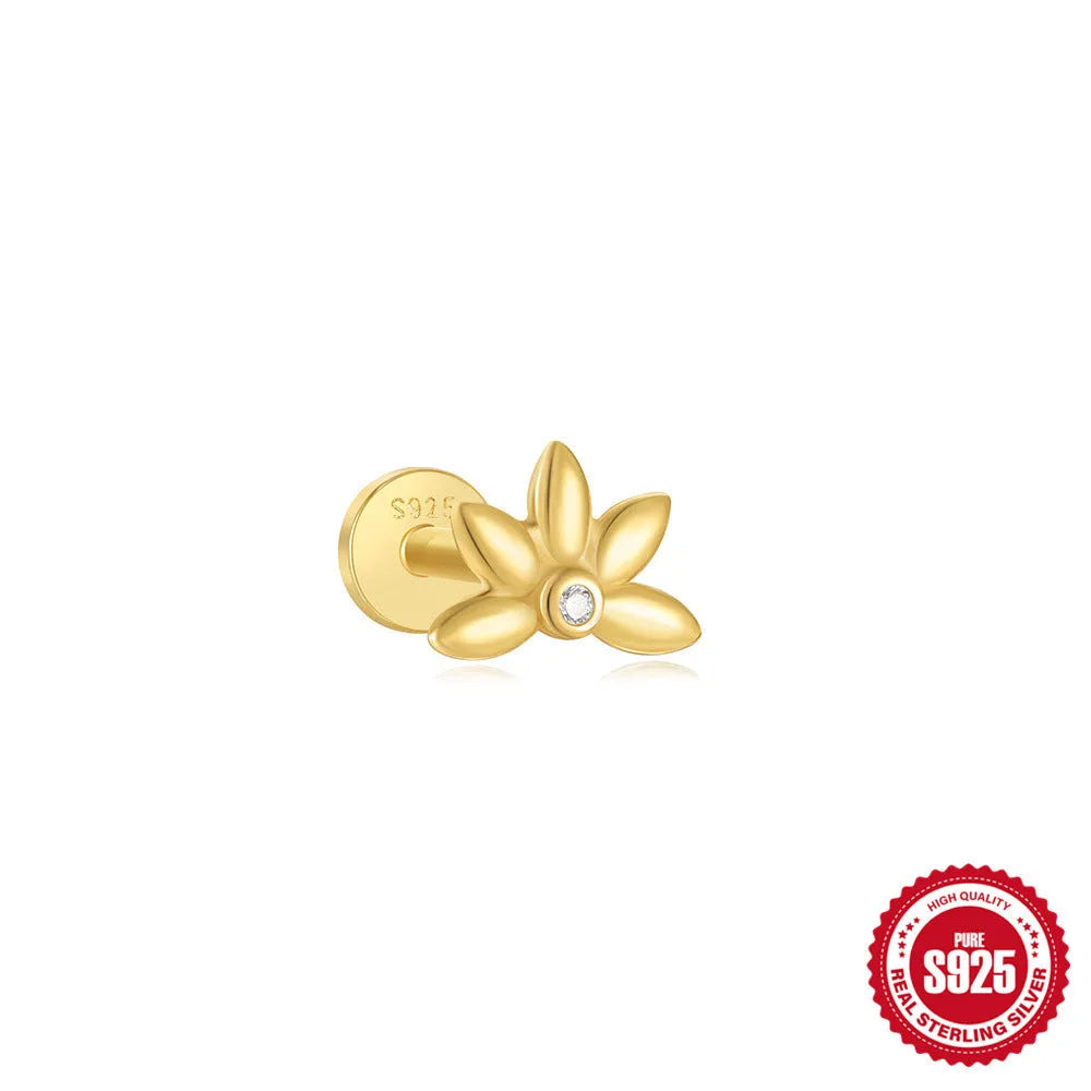 S925 sterling silver ear stud with gold electroplated finish and inlaid tassel design