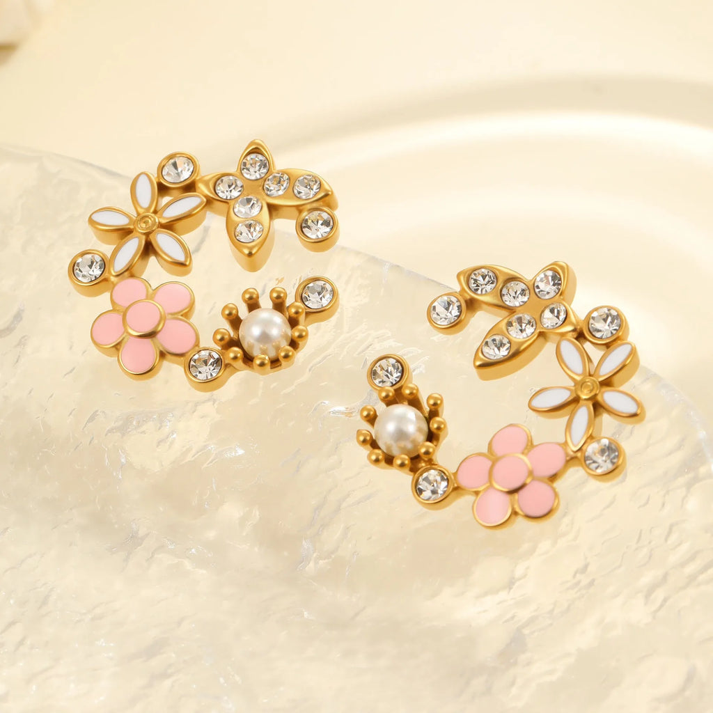Flower petal stud earrings with colourful oil-dipped diamond look on 18K stainless steel