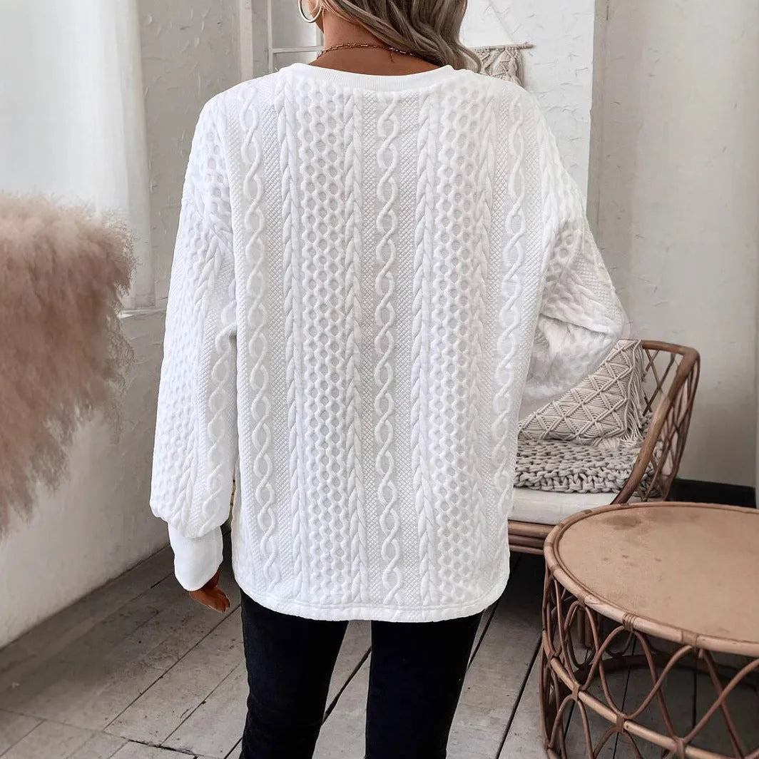 Milky white loose fit casual T-shirt with 3D pattern design and long sleeves