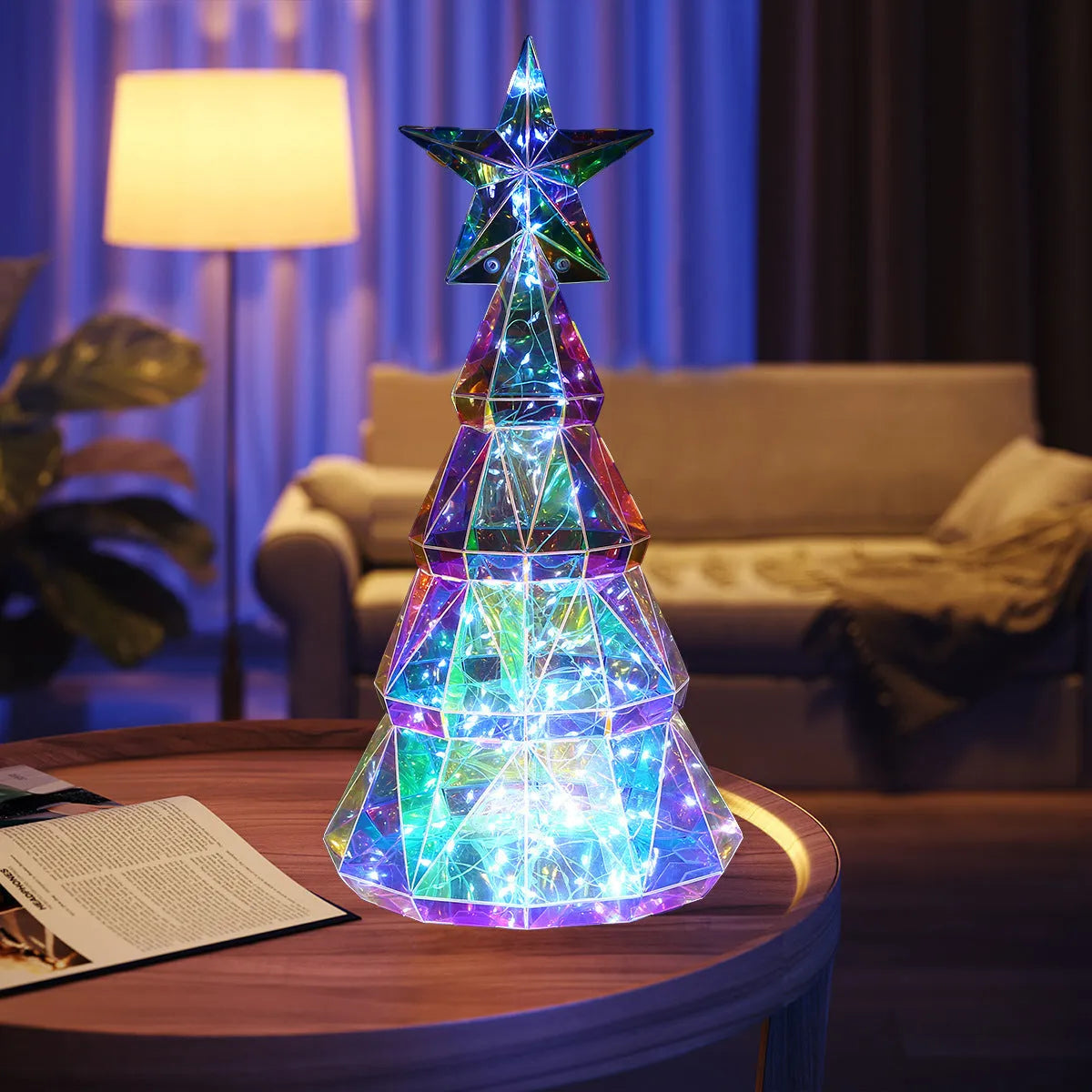 Colourful cartoon-style Christmas tree light made of PET plastic, measuring 14.5cm by 4.8cm by 20cm.