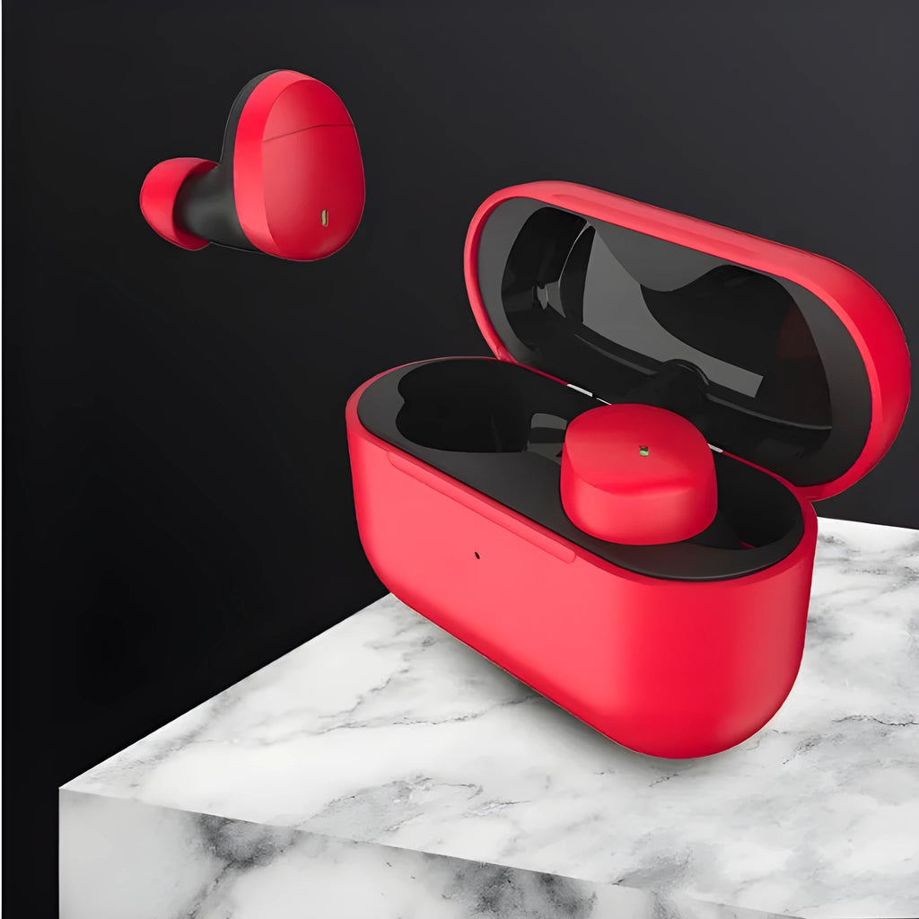 Flame red Qualcomm TWS 3040 Bluetooth 5.2 wireless headphones with earplug design