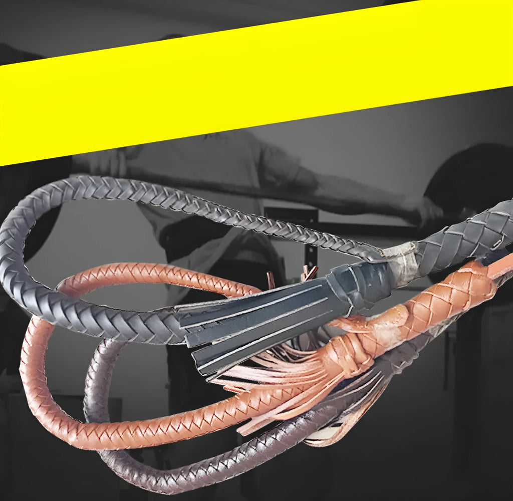 Brown cowhide woven horsewhip, 85cm long, leather equestrian and farm tool