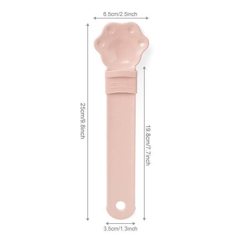 Cat claw shaped cat food feeder squeeze tool with sliding squeezer and anti-spill spoon in blue
