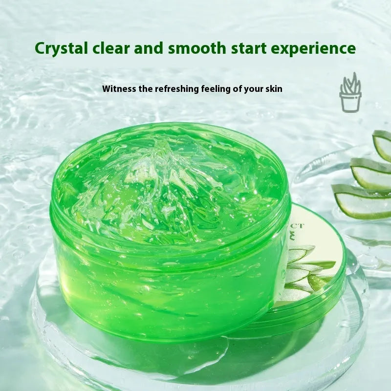 300g jar of aloe vera gel for acne control and hydration with a spoon on a white background.