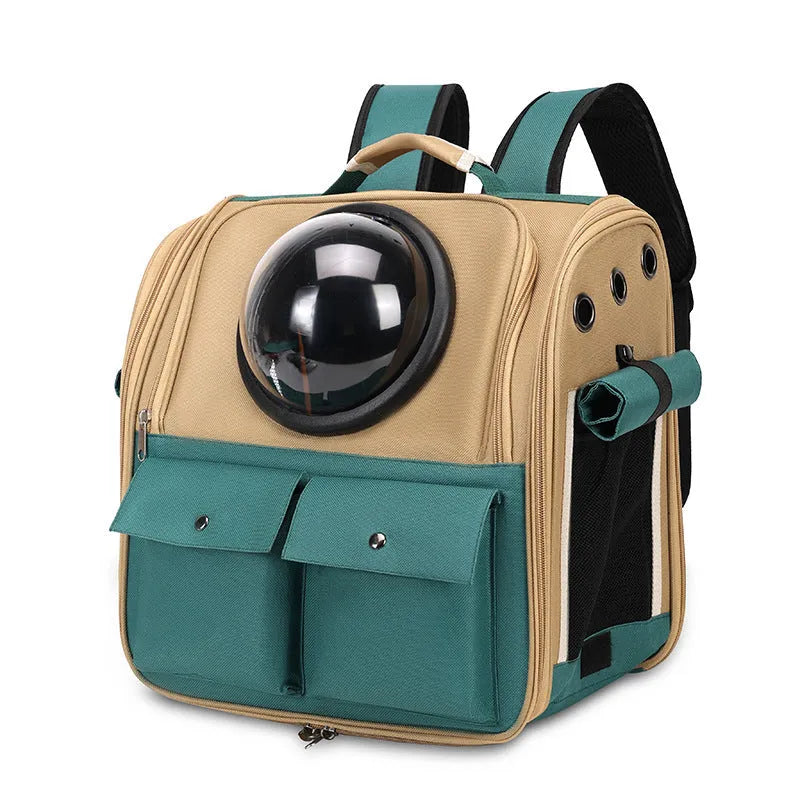 Cat space capsule portable large capacity pet backpack in khaki with green colour for cats up to 7kg
