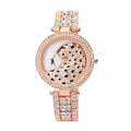Women's quartz watch with three-dimensional diamond leopard-print dial, 39.5mm round alloy case, titanium case back, and alloy strap