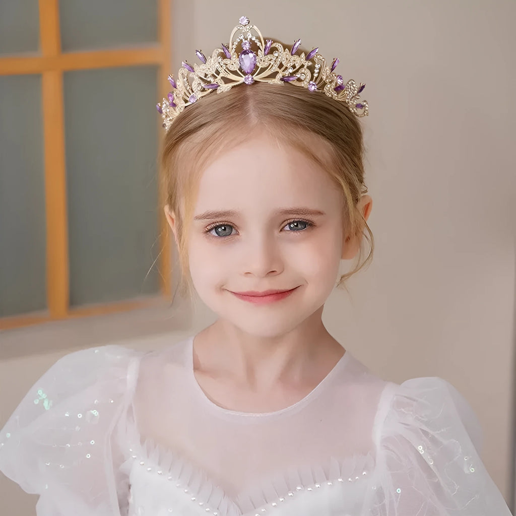 Children's simple purple rhinestone crown headdress with electroplated alloy hair band K9 pointed horse eye rhinestones