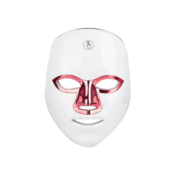 Rechargeable LED beauty mask with touch controls on a white gold edge finish.
