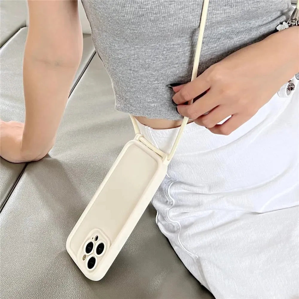 TPU silicone phone case with lanyard for iPhone 12-15 series, anti-fall protective back cover in beige