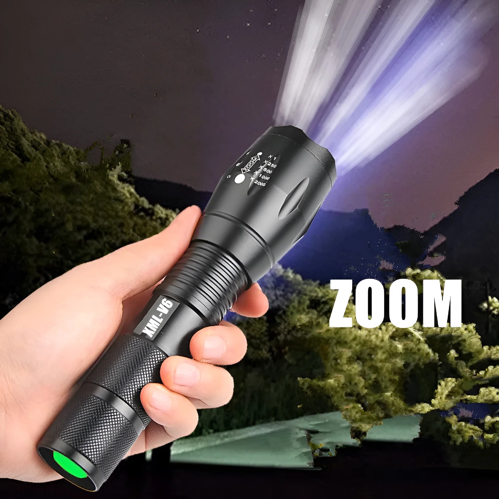 Black aluminium zoomable LED flashlight with adjustable focus ring and anti-skid body.