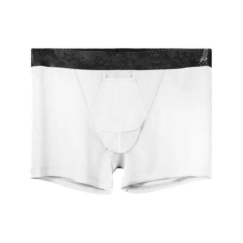 Men's solid colour ice silk nylon sports underwear in boyshorts style with mid waist.