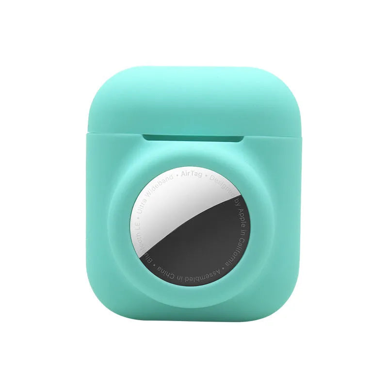 Silicone flip cover case for Apple AirTag showing twelve colour options including luminous green and avocado