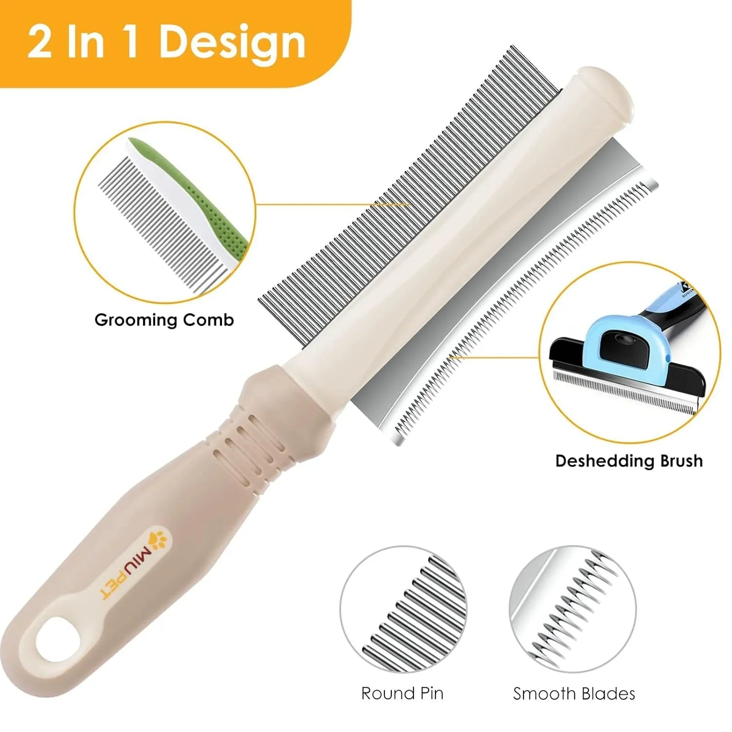 White double-sided dog and cat grooming brush with a curved comb and deshedding bristles on an ergonomic handle.