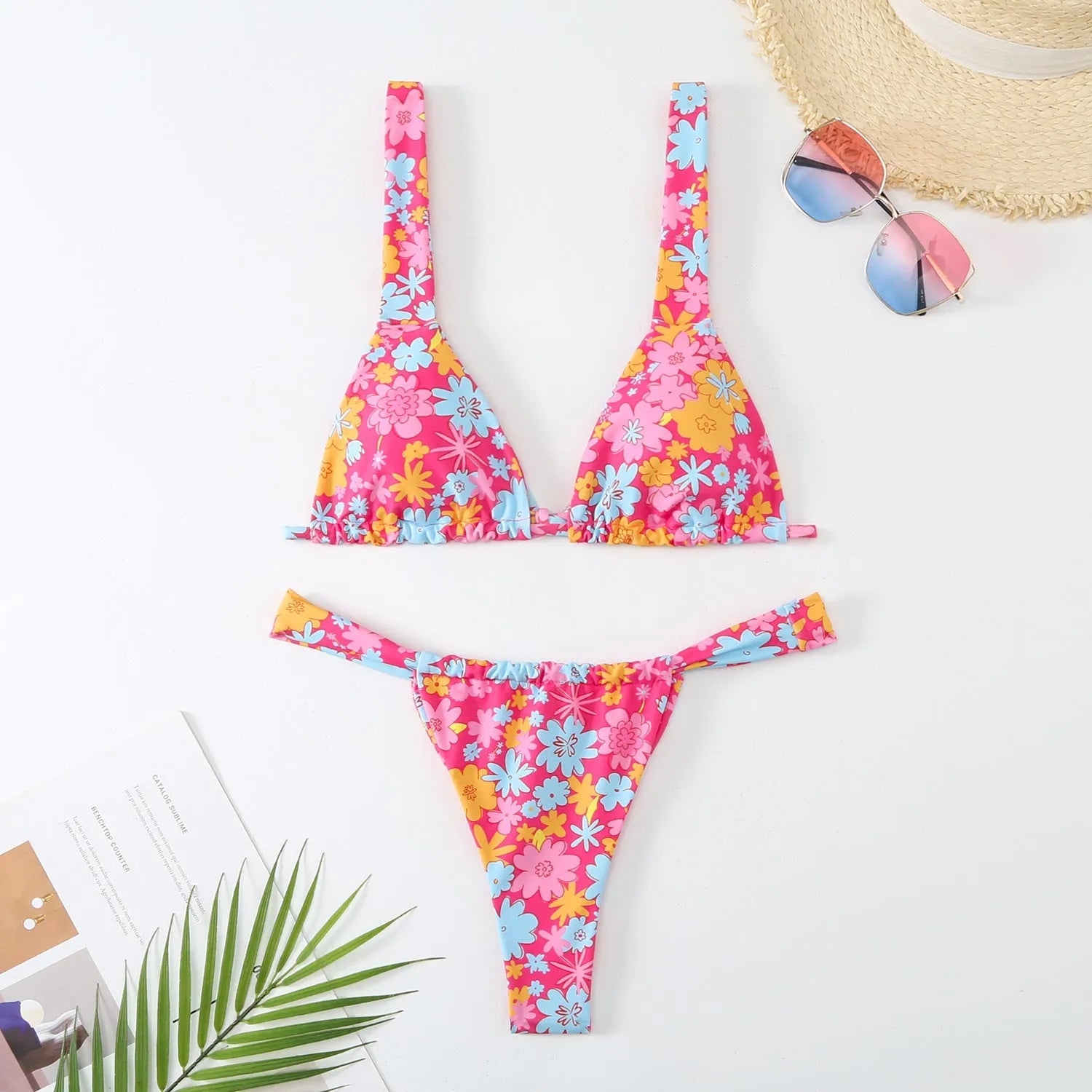 Women's floral print bikini swimsuit in rose red, white, blue, and sky blue colour options