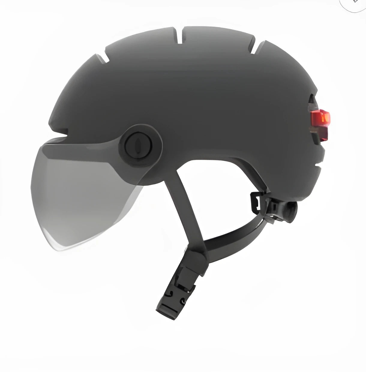 Cycling helmet with integrated red LED brake light on the back, shown in sizes M and L.