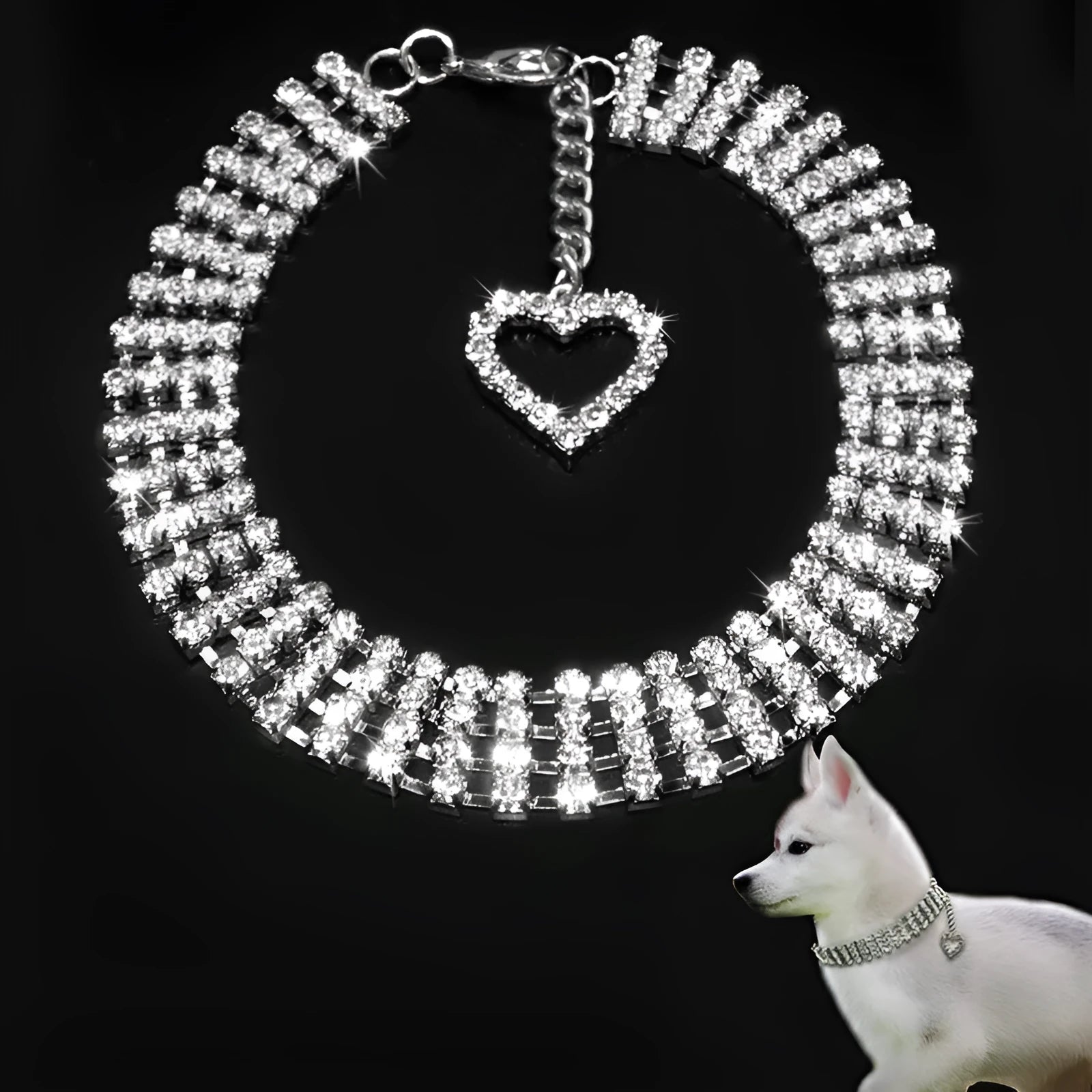 Four-row rhinestone pet collar with heart-shaped chain in white, for dogs and cats, size M with extension