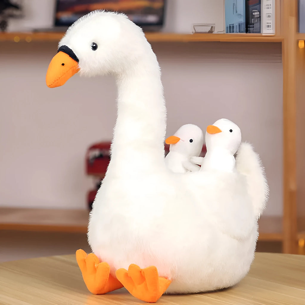 White plush mother and son goose doll 35cm tall on a plain background