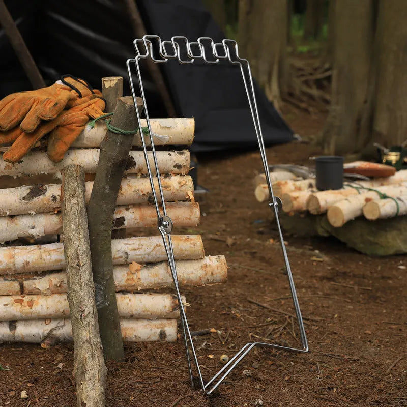 Silver folding garbage bag bracket with adjustable stainless steel frame for camping use