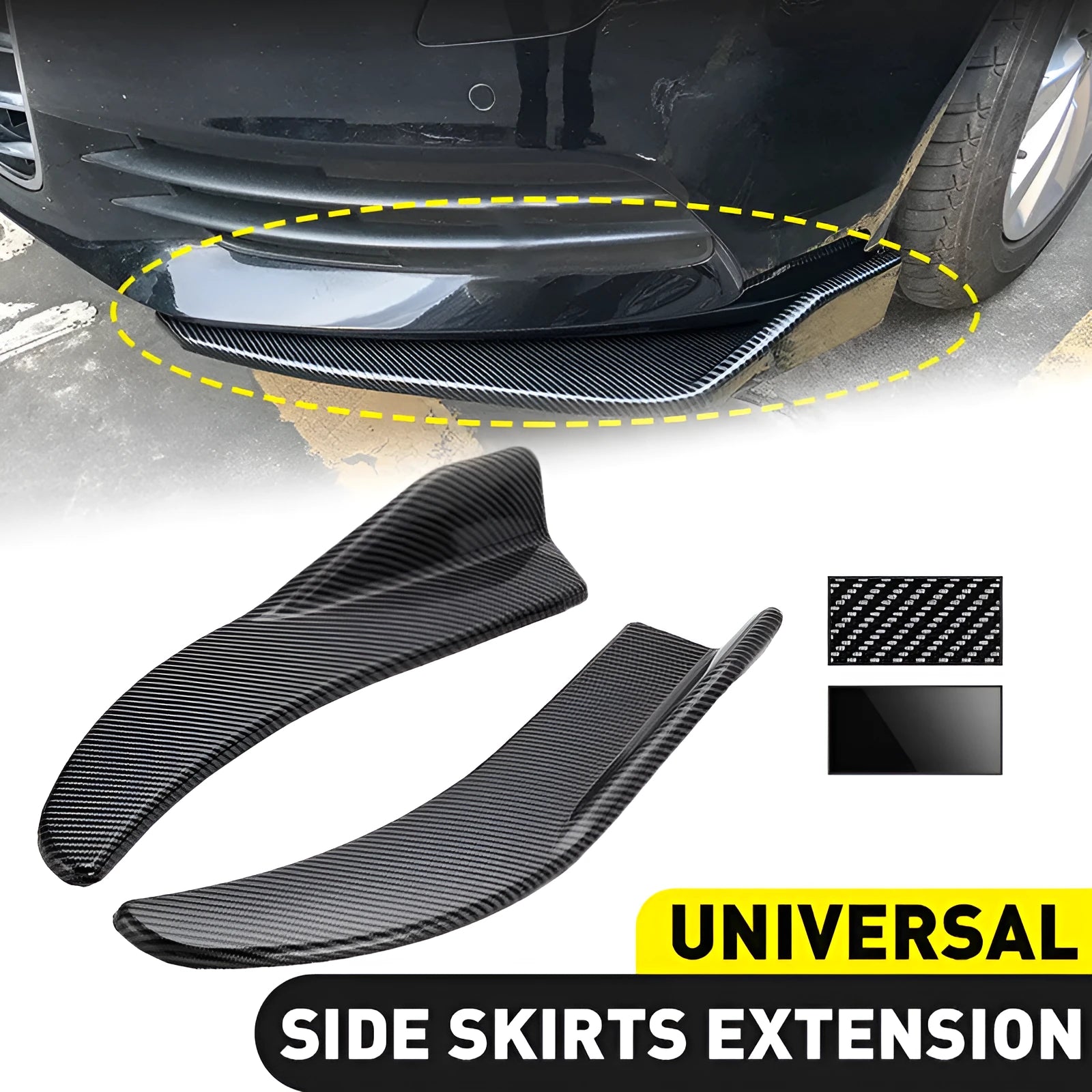 Pair of black ABS plastic car bumper deflector shovels with screw holes, 440mm wide.