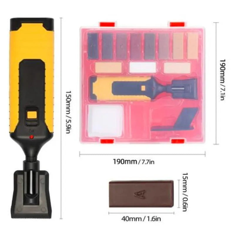 Floor repair tool set with red handle and colour wax sticks for DIY tile scratch repair