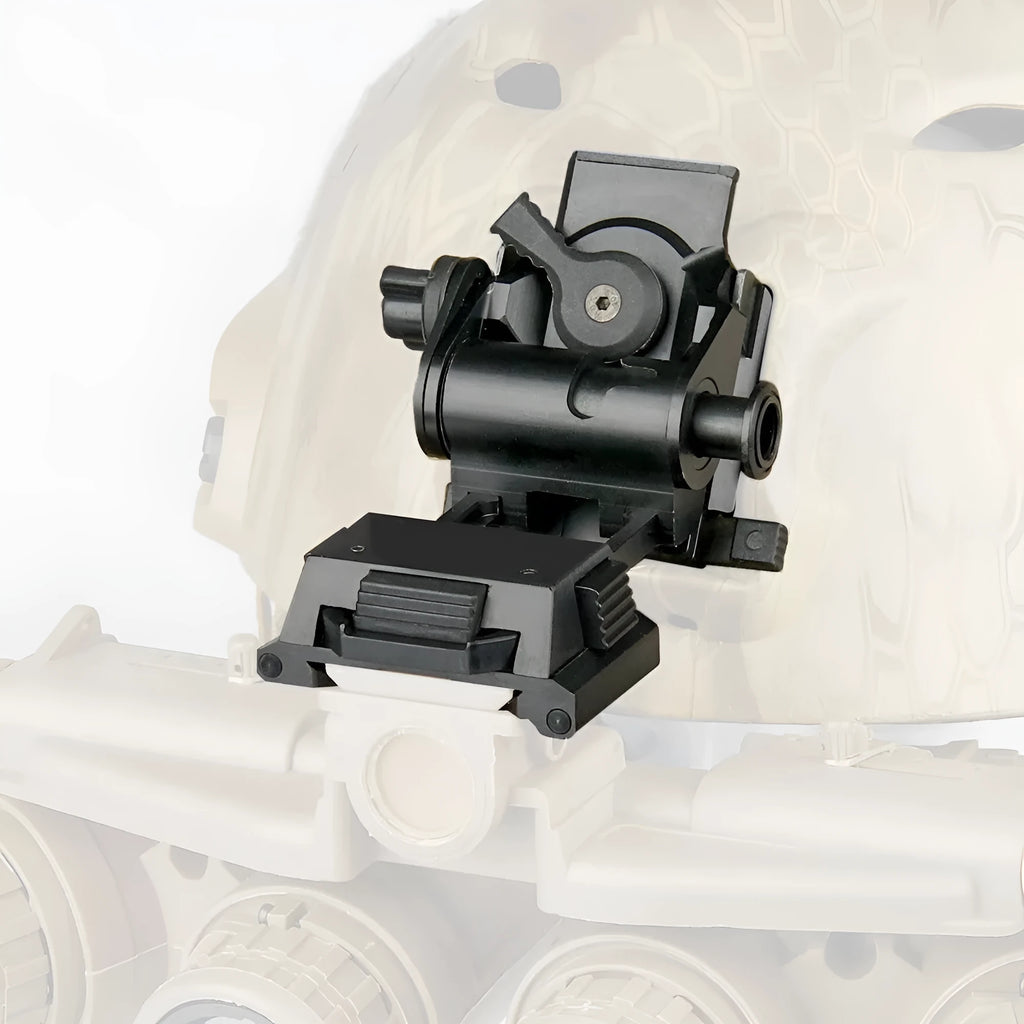 Metal alloy L4 G24 night vision helmet mount bracket with OPS breakaway base in dark earth colour.