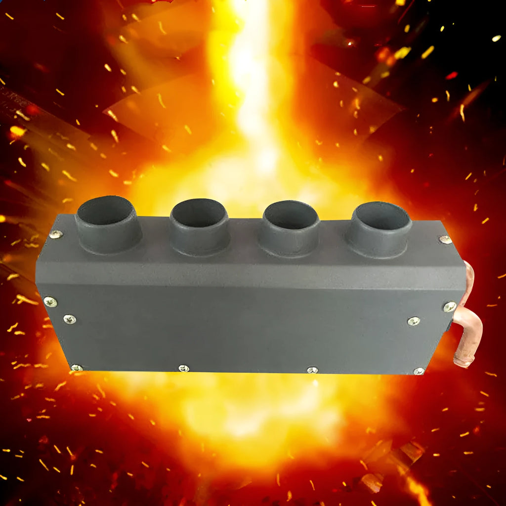 Long small metal car heater with four-hole copper pipe connections for 12V 24V systems.