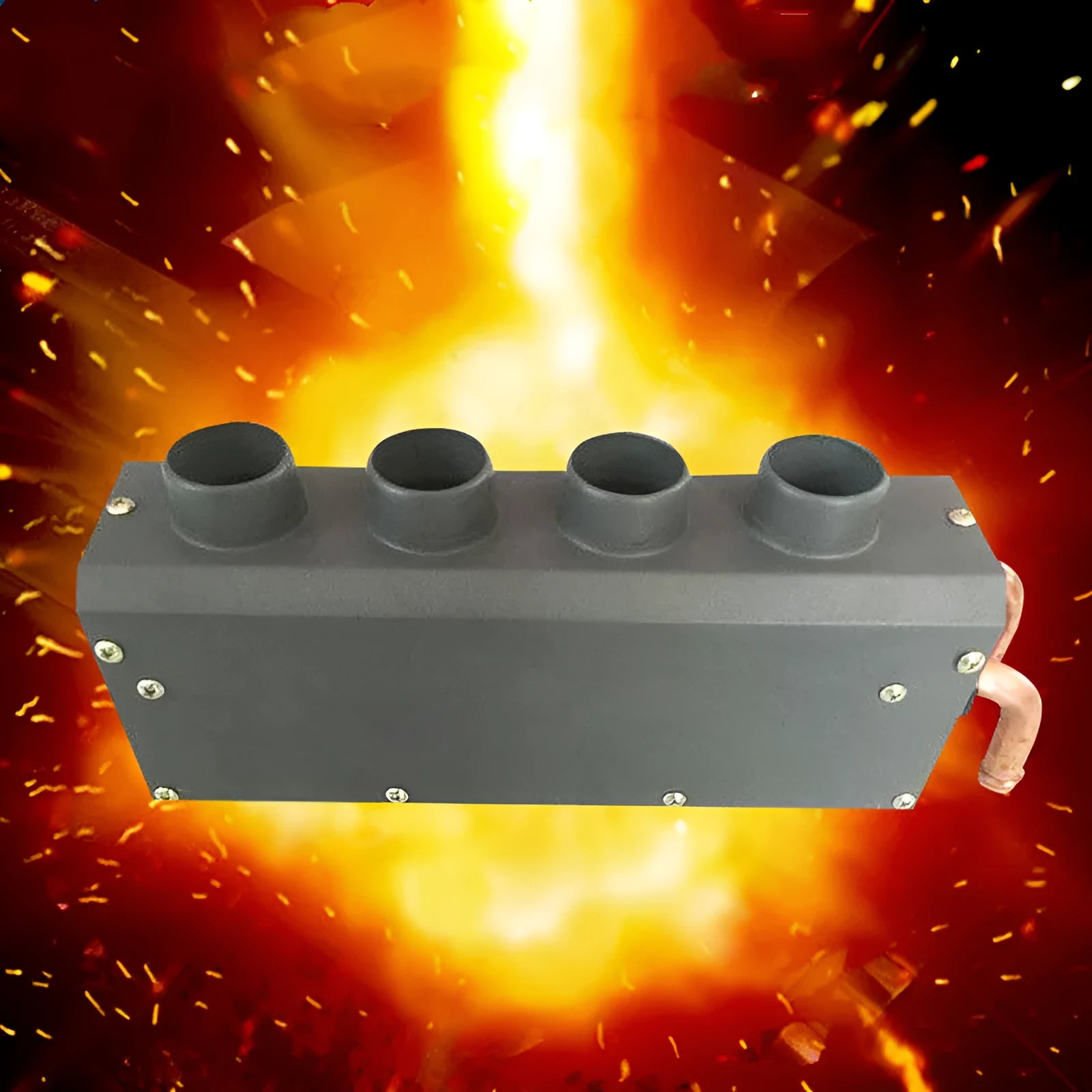 Long small metal car heater with four-hole copper pipe connections for 12V 24V systems.