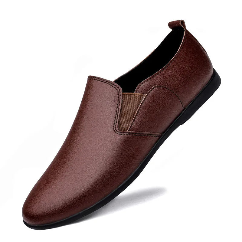 Men's black leather business shoes with round toe and breathable design