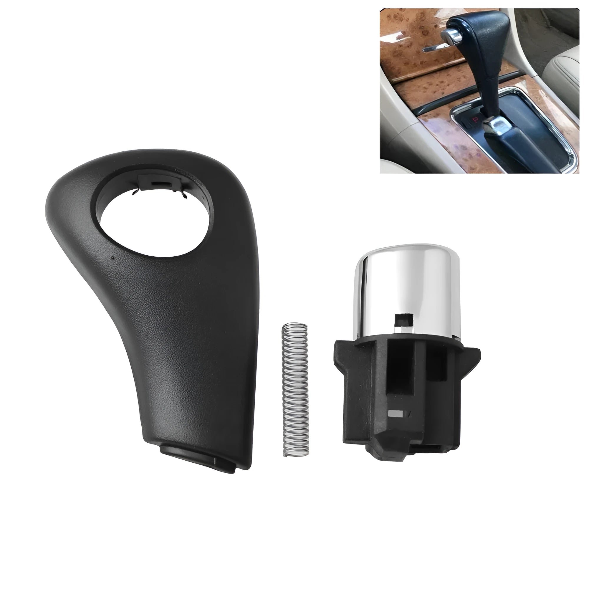 Black plastic shift button, spring, and side plate for Honda Accord 2003-2005 refit kit.