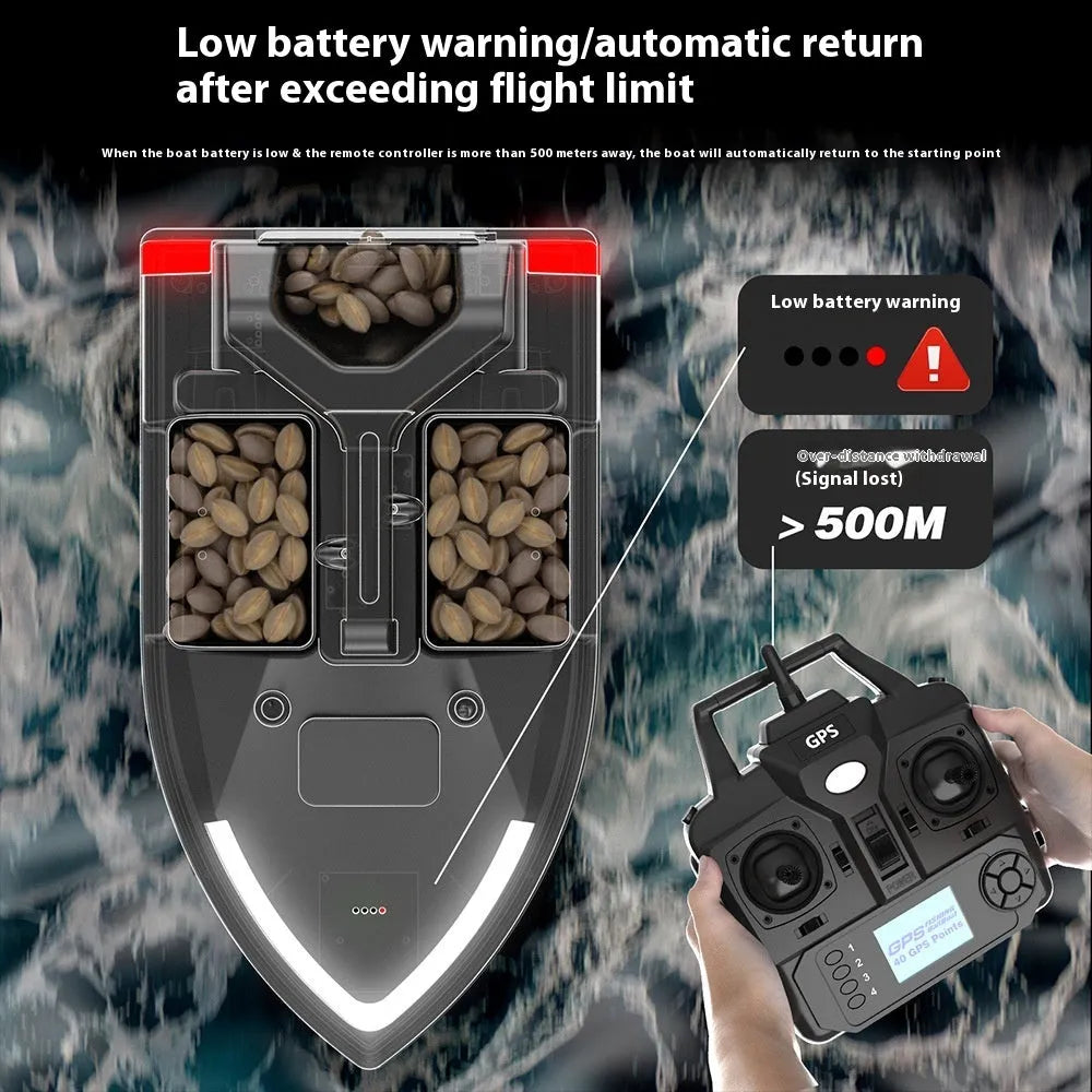 V020 GPS remote control fishing boat with LED lights on water, showing handbag and remote.
