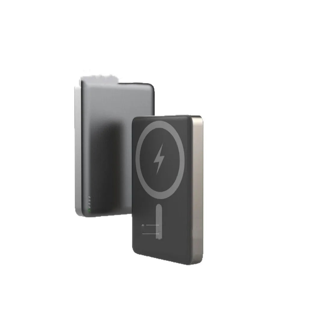 Ultra-thin 8mm magnetic wireless power bank with alloy shell in tarnish colour, 5000mAh or 10000mAh
