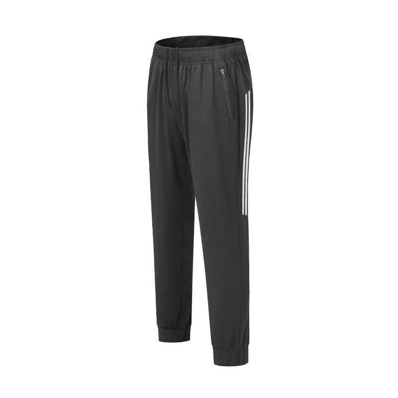 Men's black running trousers with a mid waist and full-length legs made from polyester.