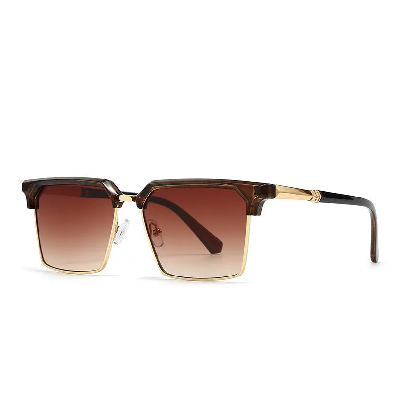 Men's square sunglasses with plastic frames shown in six colour options on a grey background.