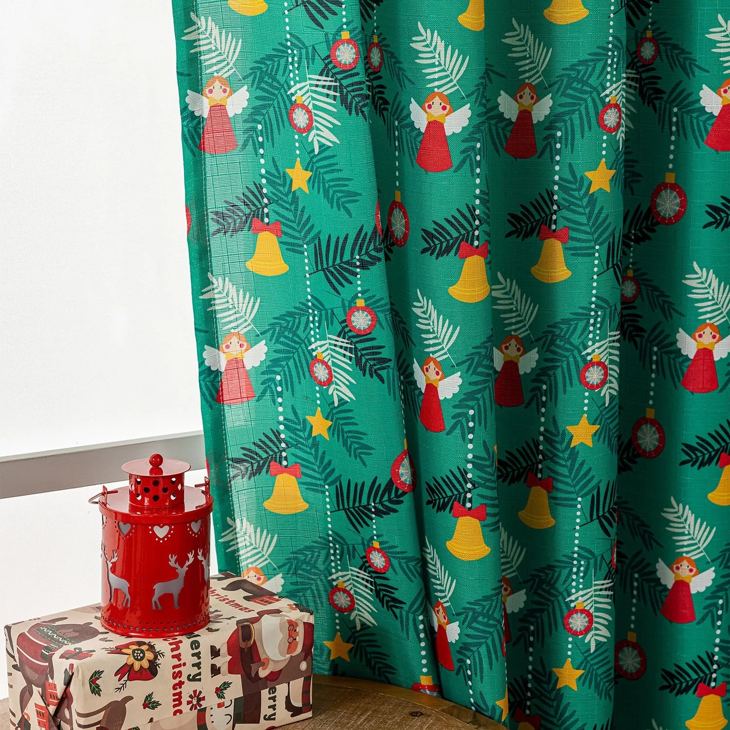 Green printed curtain with cartoon snowman and angel pattern, 1 metre length
