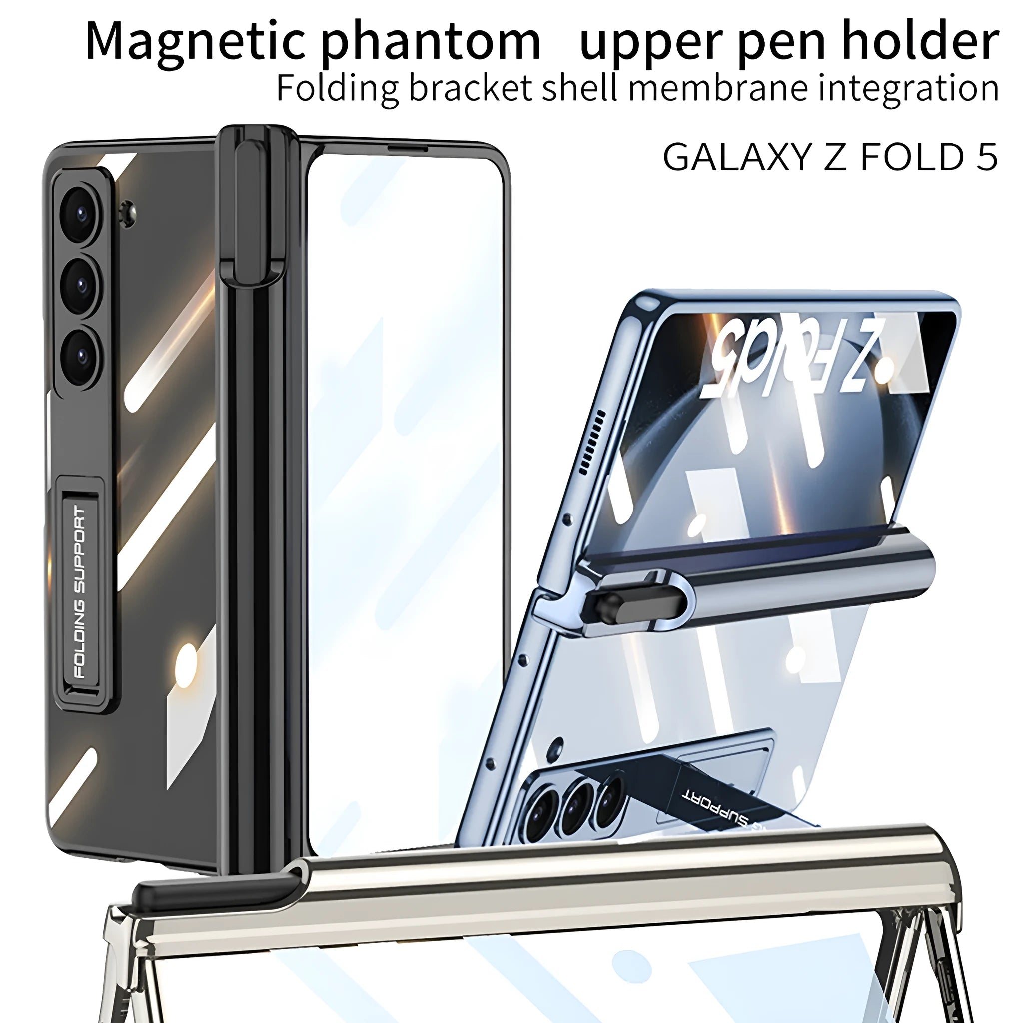 Electroplating transparent hard case with magnetic hinge pen holder for Samsung Z Fold 5, Holiday Blue colour