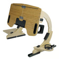 White maple wooden folding bed table with laptop at an adjustable angle on a duvet.