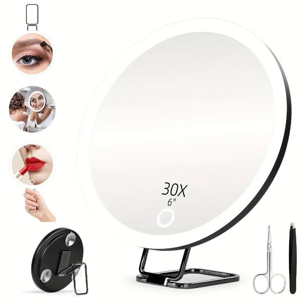 Charging LED fill light makeup mirror with rotating bracket stand tweezers and scissors in white