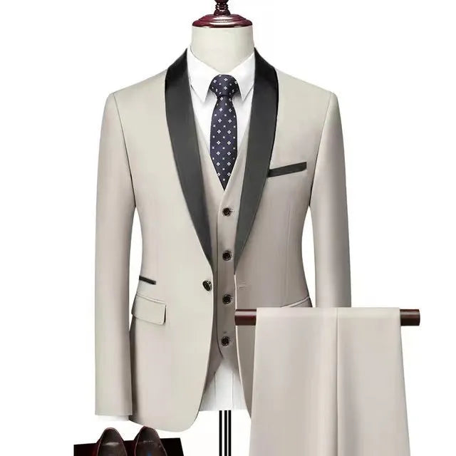 Men's three-piece polyester suit set in white, including jacket, trousers, and vest, on a hanger.