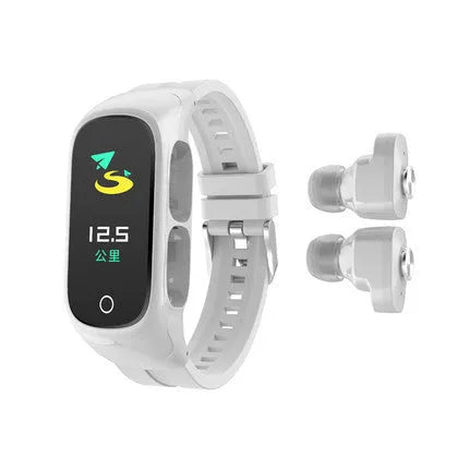 N8 Smart Bracelet with built-in Bluetooth headset on a wrist, shown in black, white, red, and pink colour options.