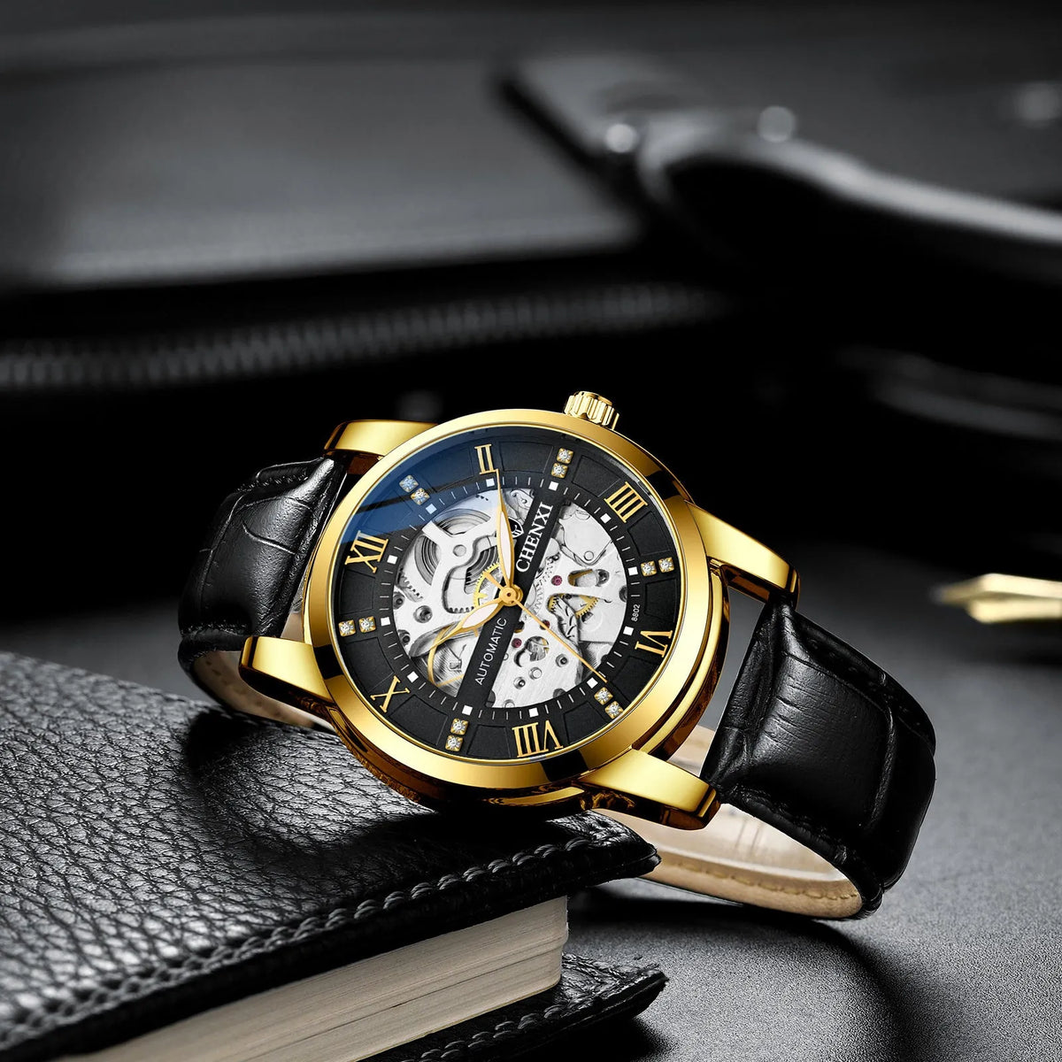 Men's hollow automatic mechanical watch with metal belt and black dial