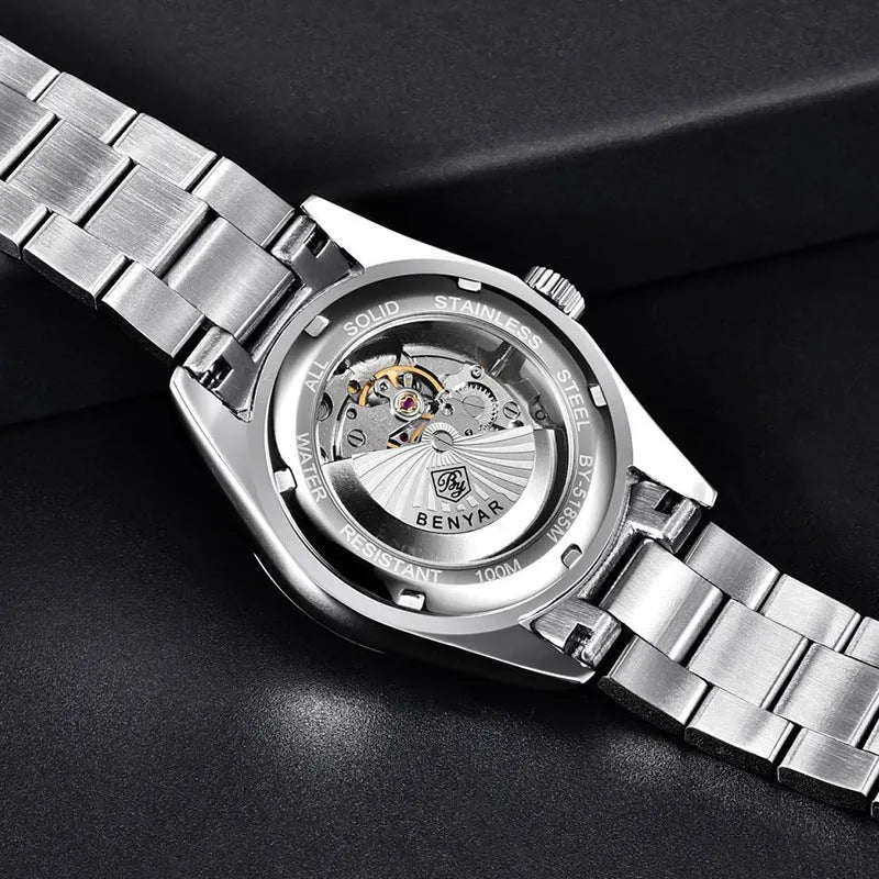 Men's automatic mechanical watch with 39mm round dial, stainless steel strap, and black dial face on white background