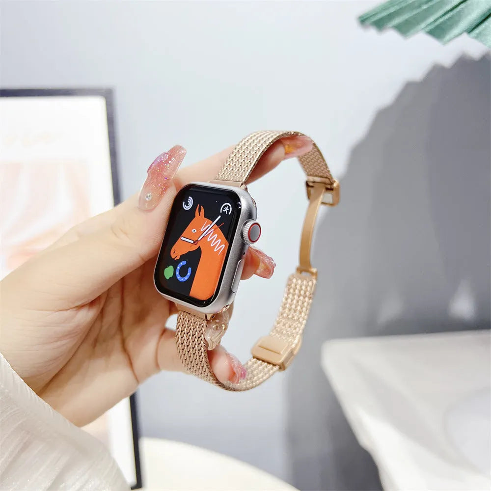Magnetic buckle stainless steel watch strap for Apple Watch 38/40/41mm and 42/44/45/49mm, available in black silver starlight pink rose gold