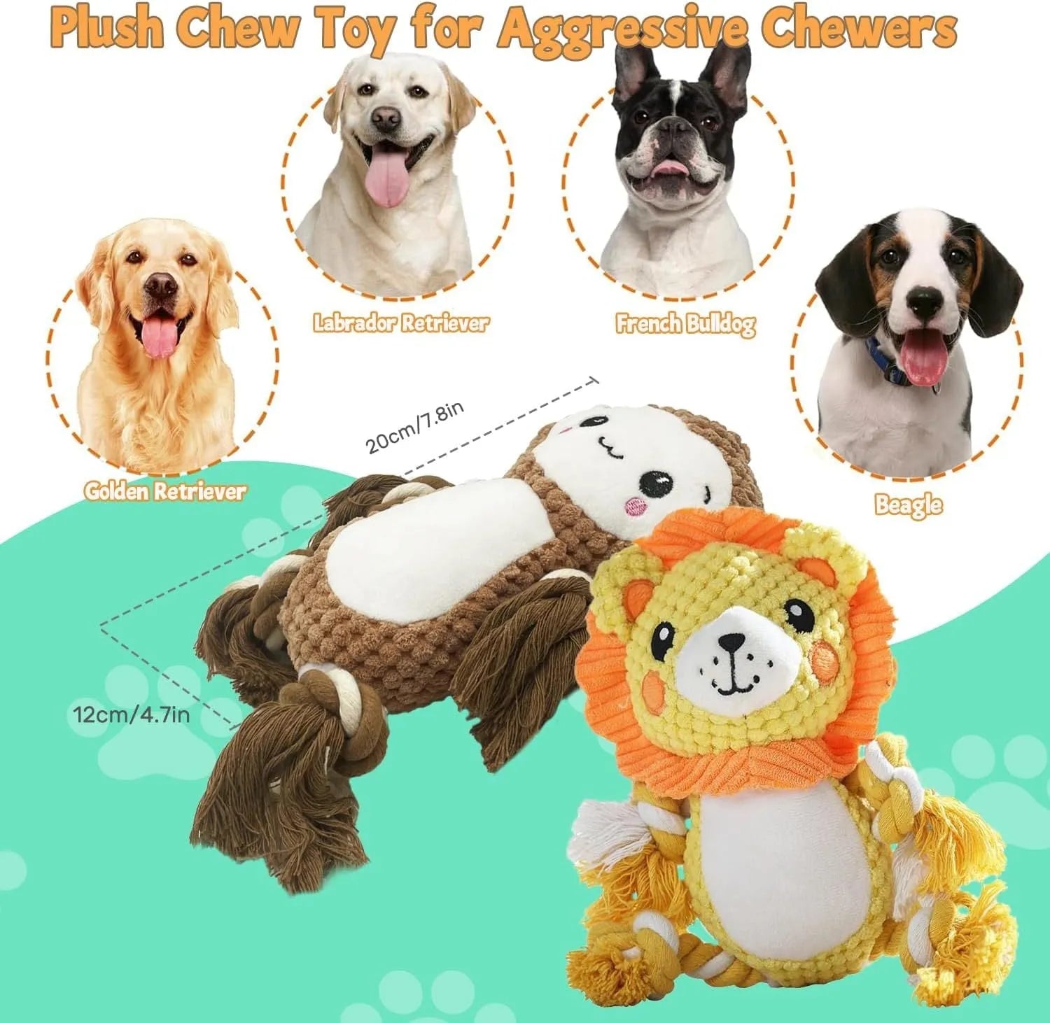 Lion and monkey plush dog toys with squeakers for medium and large breeds