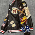 Men's first layer leather bomber jacket in Starry Sky Black with standing collar and loose fit