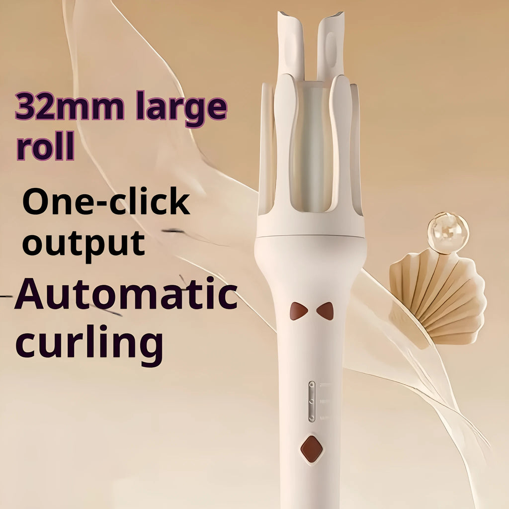 White and pink automatic hair curler with a rotating 32mm ceramic barrel and a power plug.