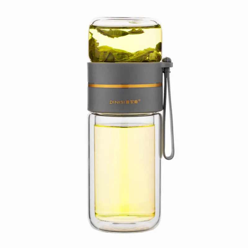 Double-wall glass water bottle with tea infuser insert and rope handle in assorted colours.