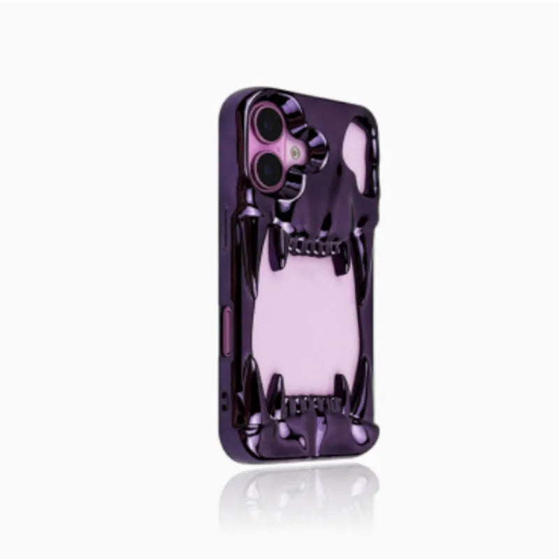 Bright silver electroplating iPhone case with hollow skull and tiger tooth design, silicone protective cover